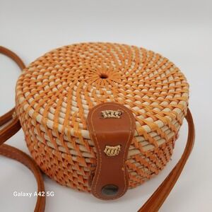 Round Rattan Straw Crossbody Bag Orange Woven Leather Strap Boho